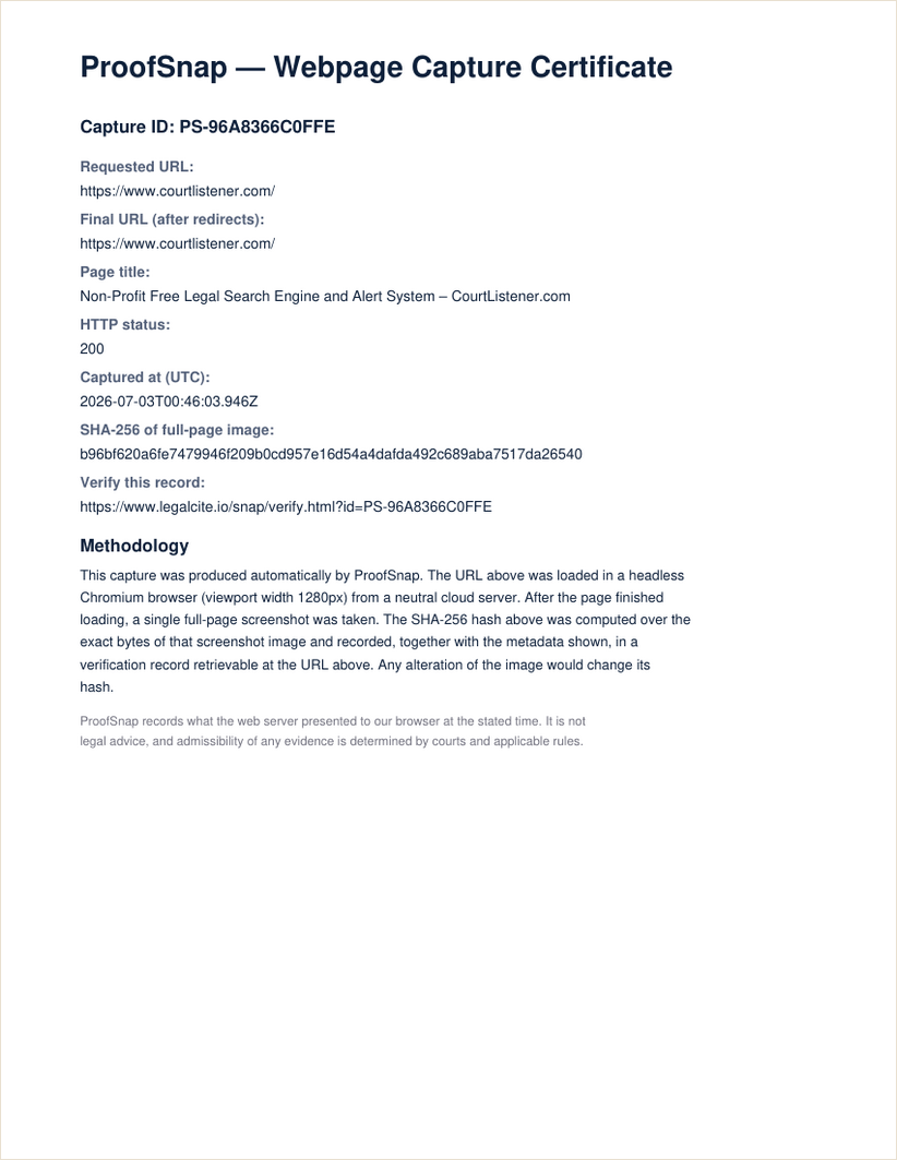 Actual ProofSnap exhibit certificate page: capture details, UTC timestamp, and SHA-256 integrity hash